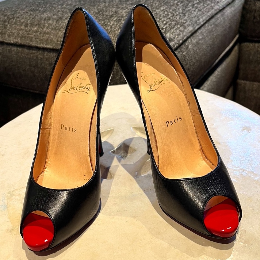 Christian Louboutin Privé Open Toe Black Leather Pumps